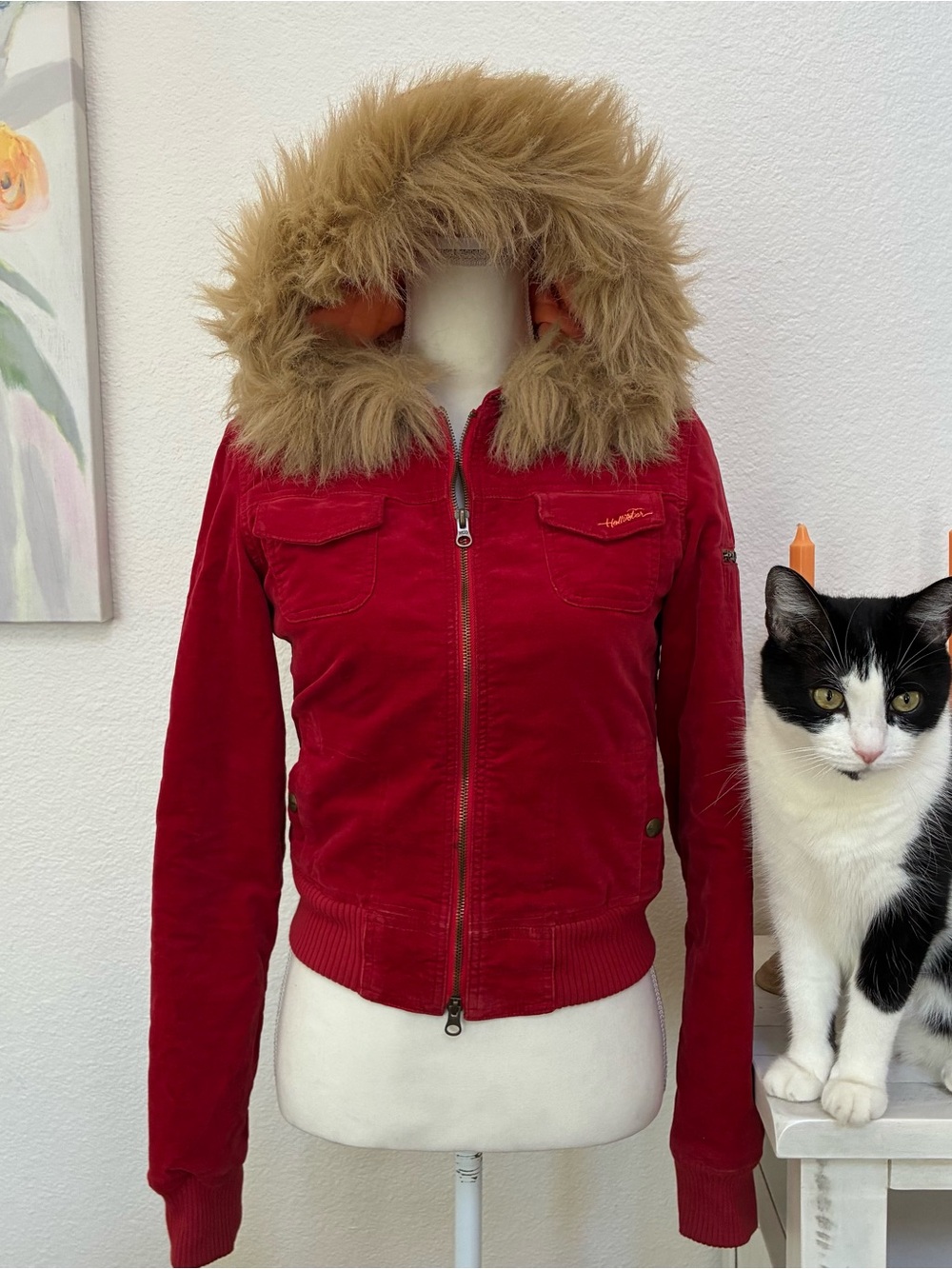 Vintage Hollister Women’s Red Jacket with Faux Fur Hood Trim